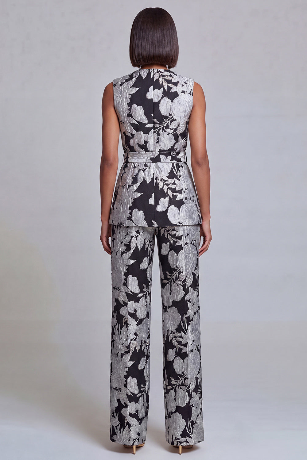 2 Piece Navy Pink Floral V-Neck Prom Suits