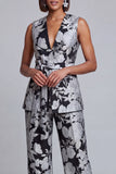 2 Piece Navy Pink Floral V-Neck Prom Suits
