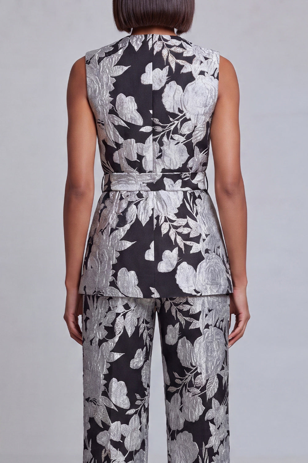 2 Piece Navy Pink Floral V-Neck Prom Suits