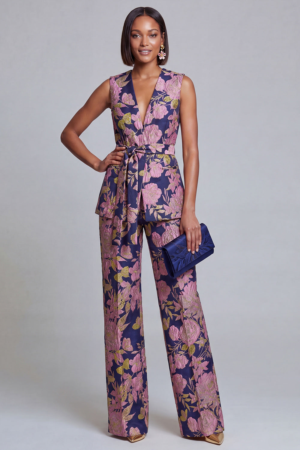 2 Piece Navy Pink Floral V-Neck Prom Suits
