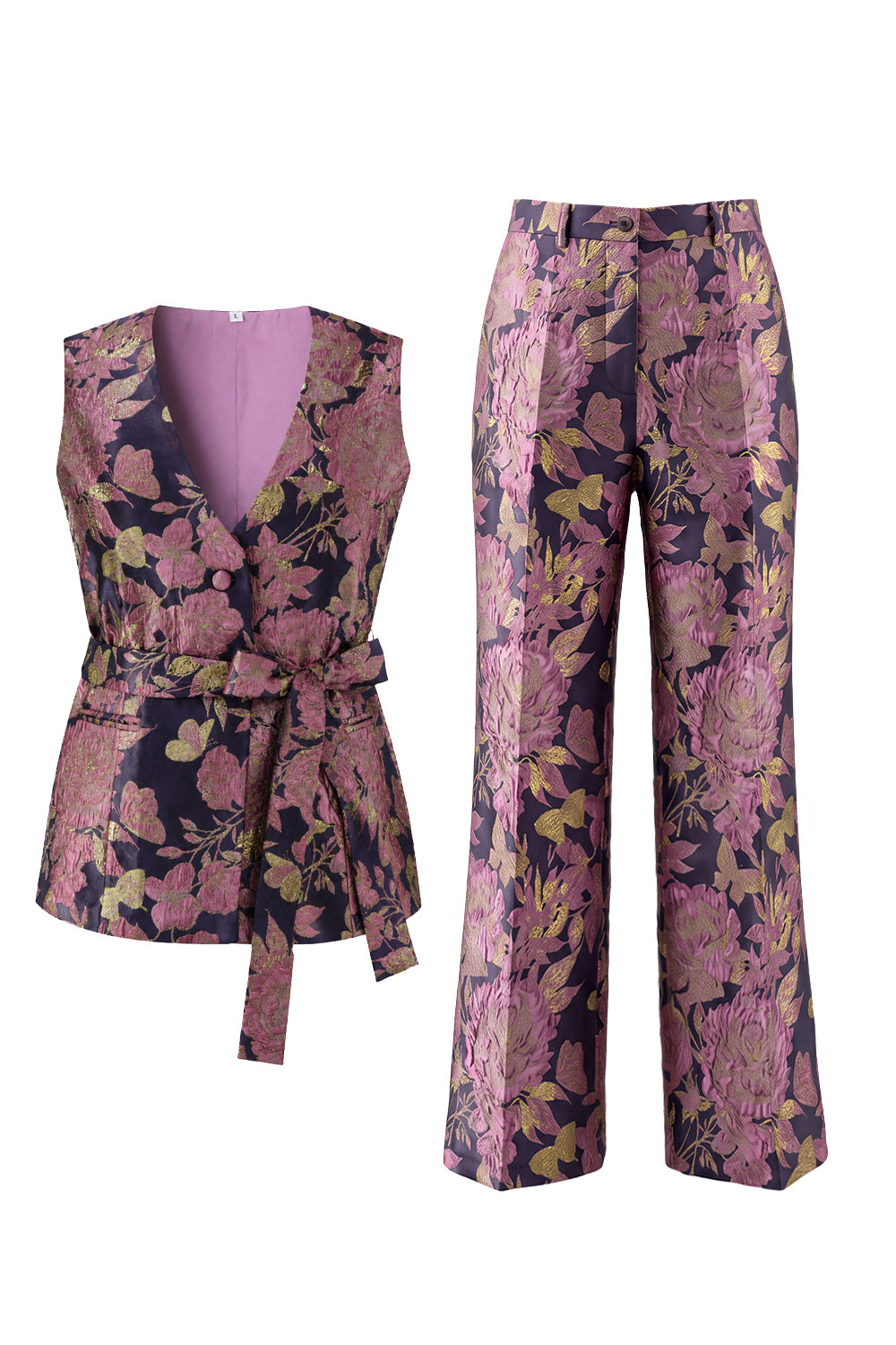 2 Piece Navy Pink Floral V-Neck Prom Suits