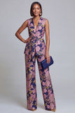 2 Piece Navy Pink Floral V-Neck Prom Suits