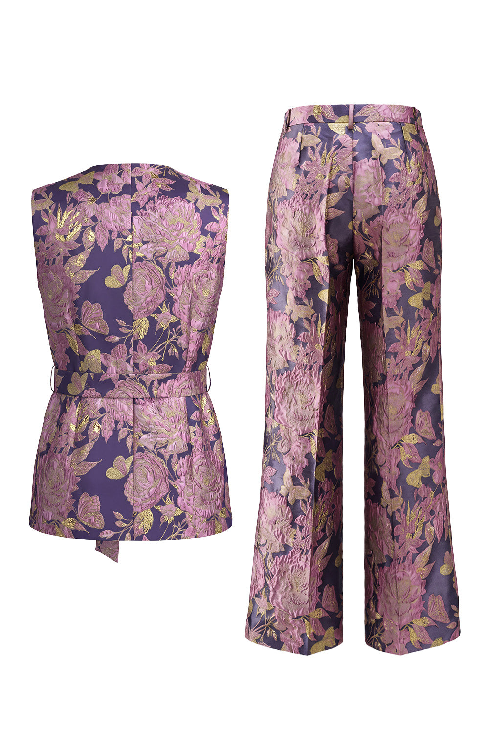 2 Piece Navy Pink Floral V-Neck Prom Suits