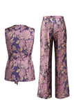 2 Piece Navy Pink Floral V-Neck Prom Suits