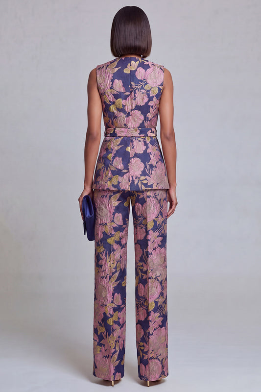 2 Piece Navy Pink Floral V-Neck Prom Suits