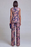 2 Piece Navy Pink Floral V-Neck Prom Suits