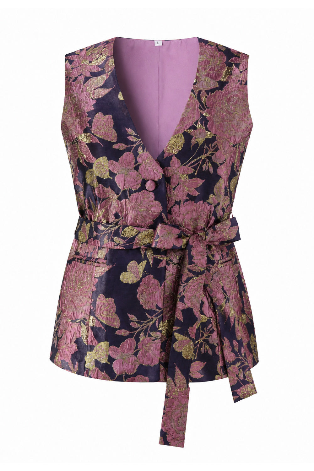2 Piece Navy Pink Floral V-Neck Prom Suits