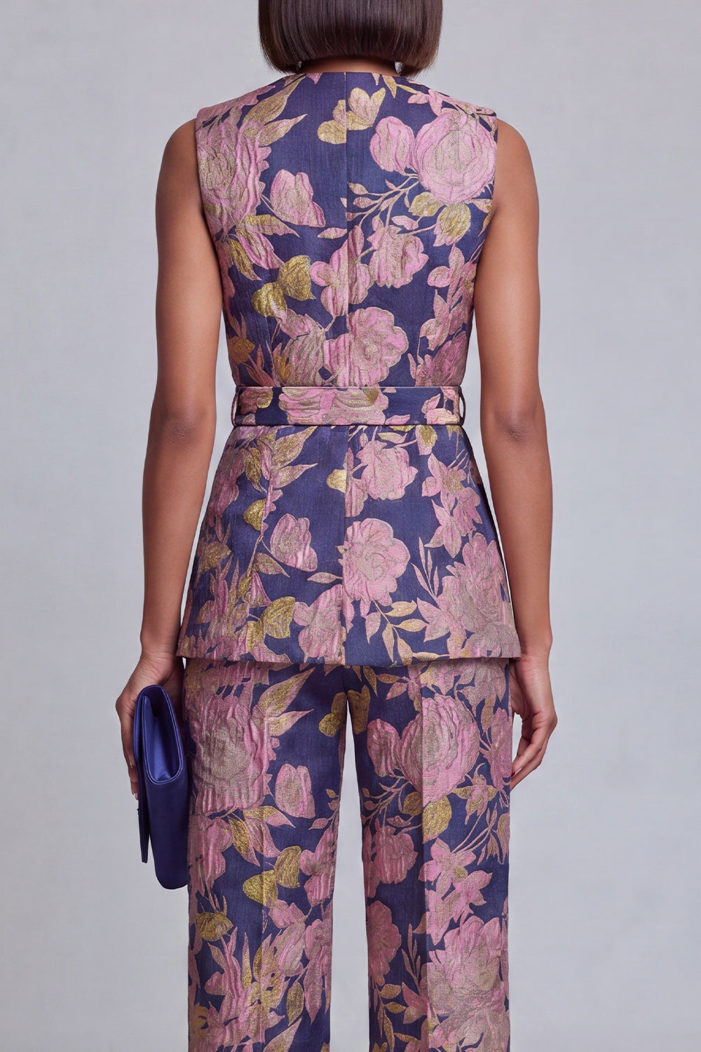 2 Piece Navy Pink Floral V-Neck Prom Suits
