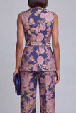 2 Piece Navy Pink Floral V-Neck Prom Suits