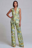 2 Piece Navy Pink Floral V-Neck Prom Suits