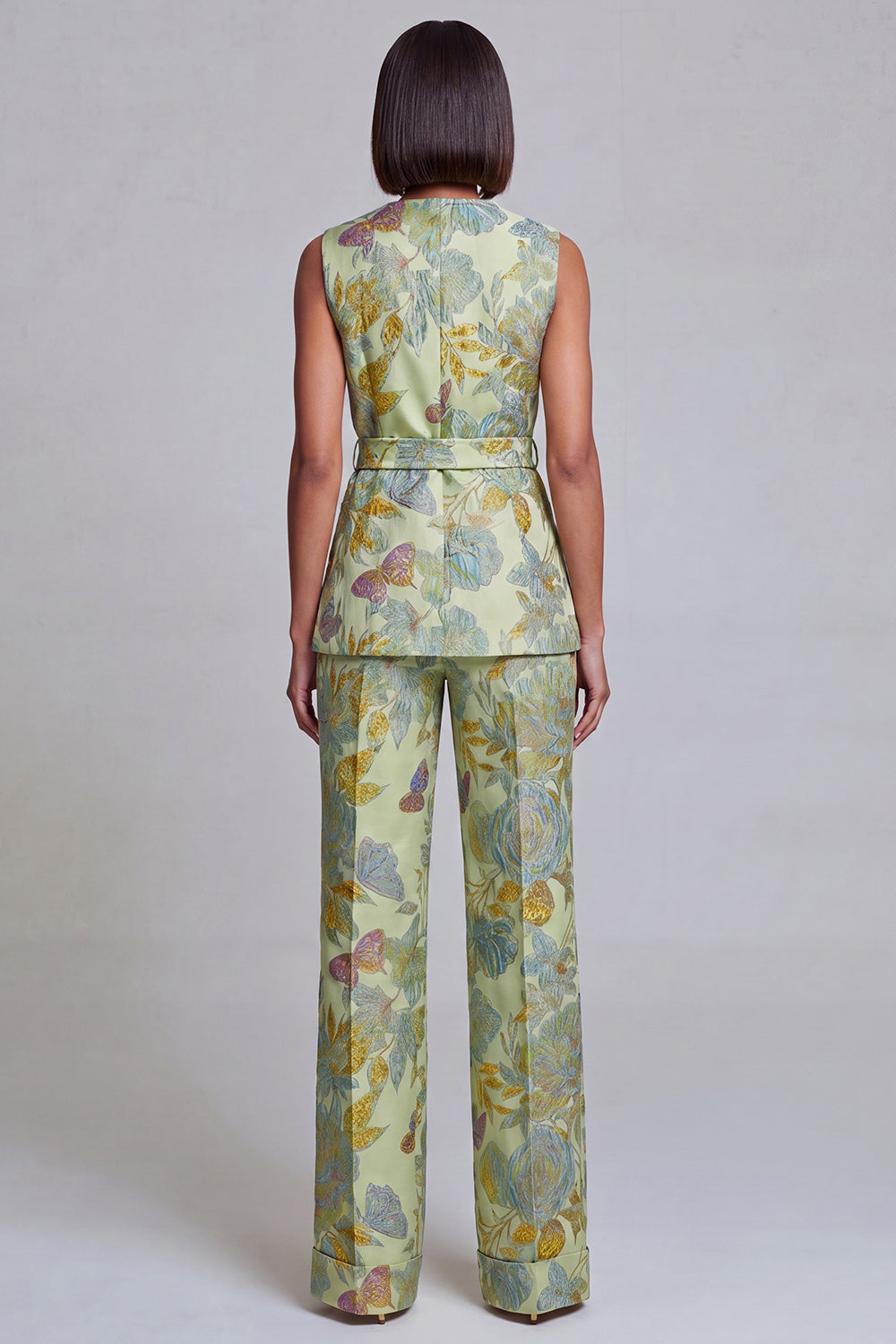 2 Piece Navy Pink Floral V-Neck Prom Suits