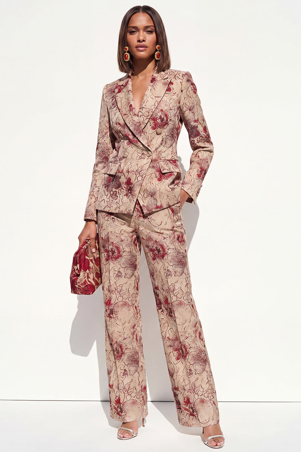2 Piece Blush Floral Peak Lapel Double Breasted Prom Suits with Pockets