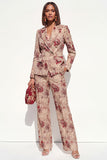 2 Piece Blush Floral Peak Lapel Double Breasted Prom Suits with Pockets