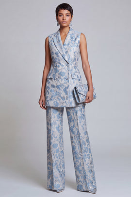2 Piece Dusty Blue Floral Peak Lapel Double Breasted Prom Suits