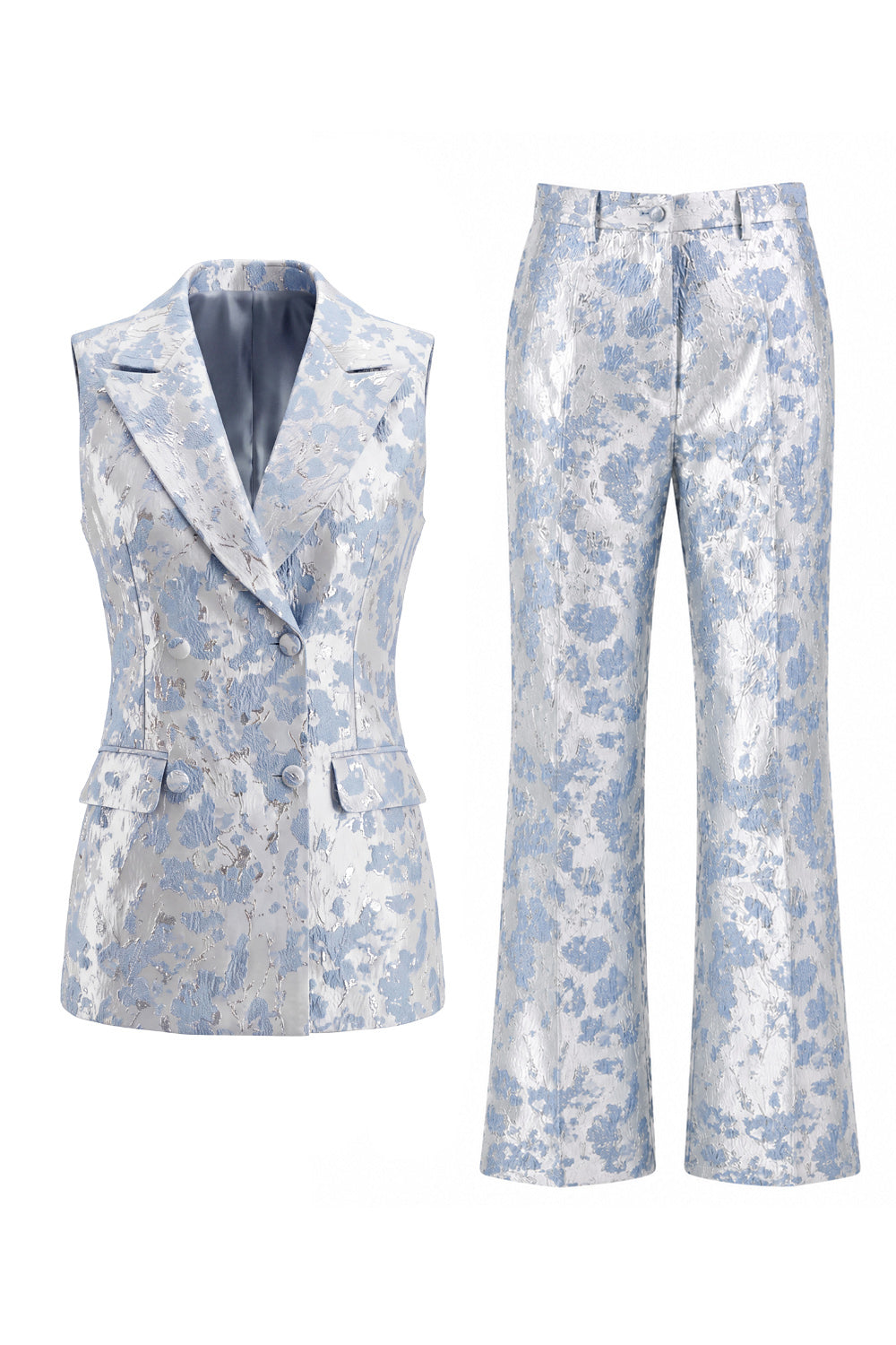 2 Piece Dusty Blue Floral Peak Lapel Double Breasted Prom Suits
