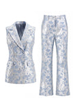 2 Piece Dusty Blue Floral Peak Lapel Double Breasted Prom Suits