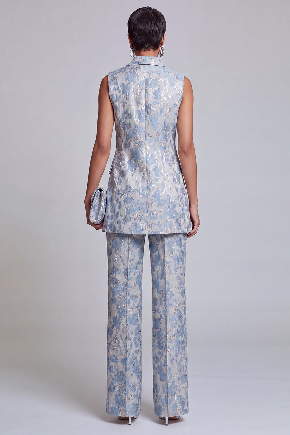 2 Piece Dusty Blue Floral Peak Lapel Double Breasted Prom Suits