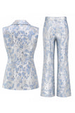 2 Piece Dusty Blue Floral Peak Lapel Double Breasted Prom Suits
