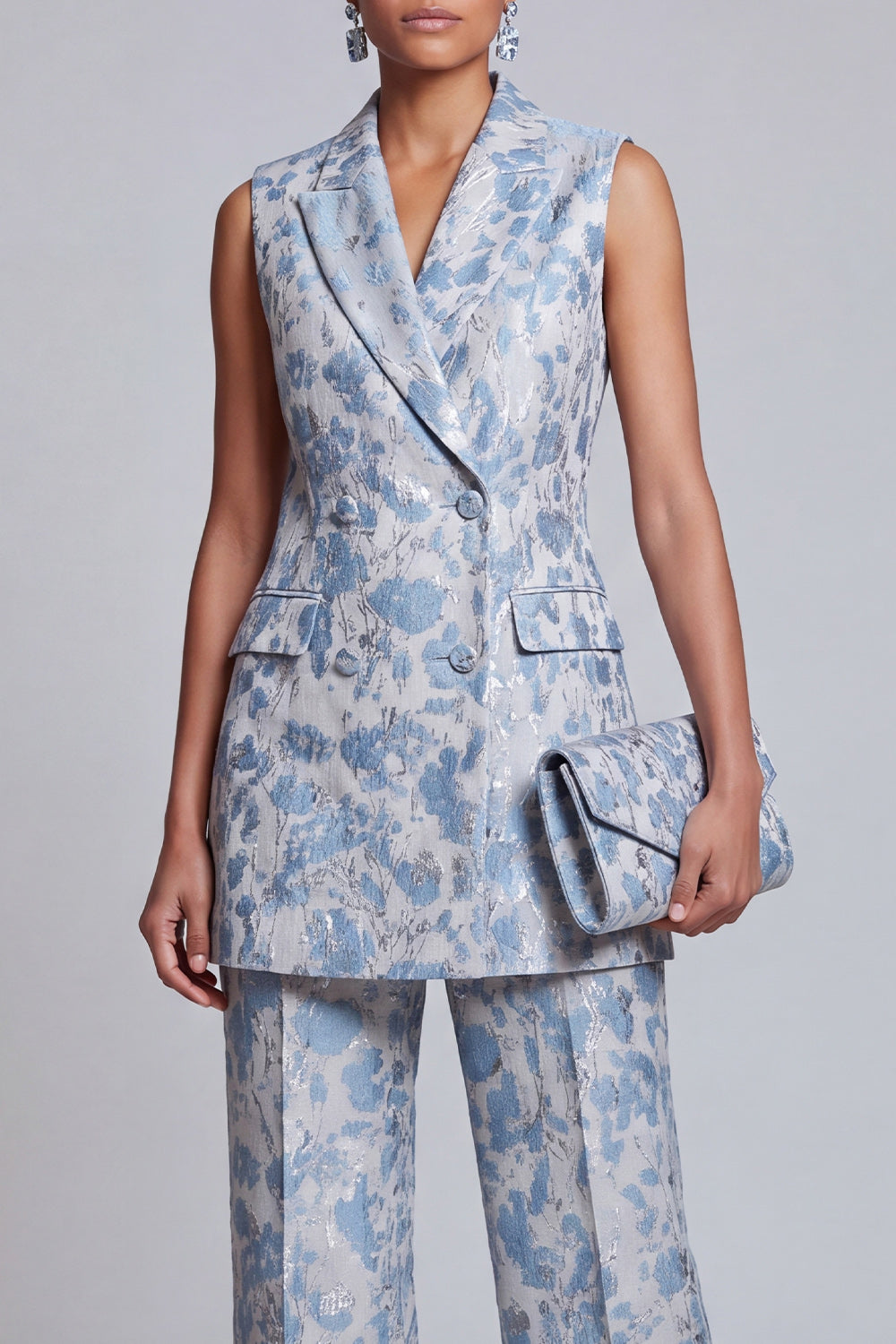 2 Piece Dusty Blue Floral Peak Lapel Double Breasted Prom Suits