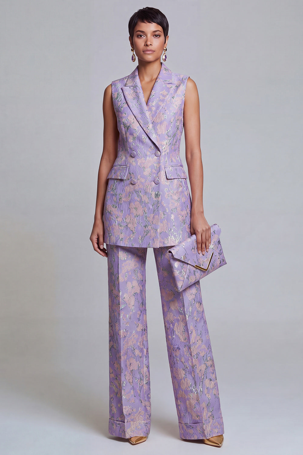 2 Piece Dusty Blue Floral Peak Lapel Double Breasted Prom Suits