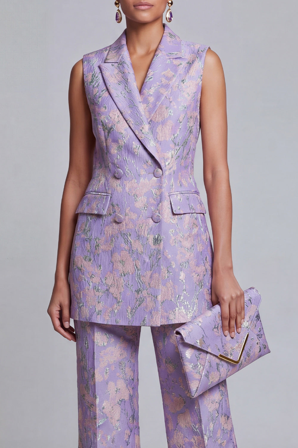 2 Piece Dusty Blue Floral Peak Lapel Double Breasted Prom Suits