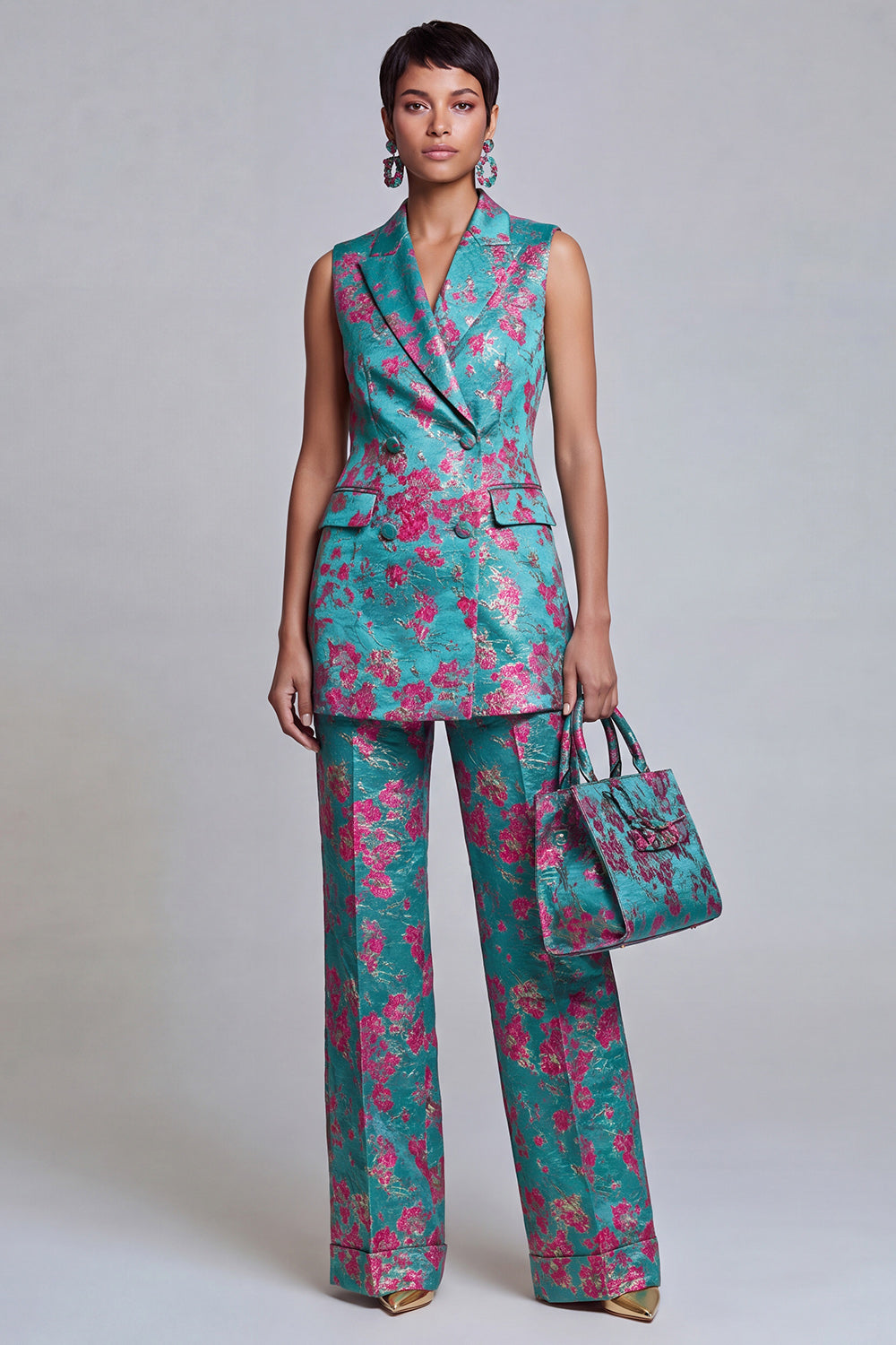 2 Piece Dusty Blue Floral Peak Lapel Double Breasted Prom Suits