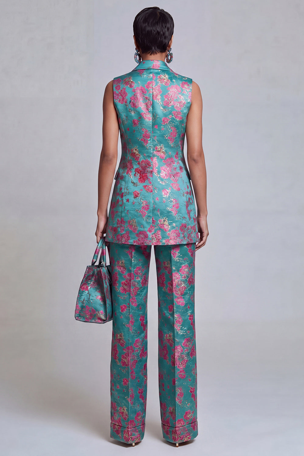 2 Piece Dusty Blue Floral Peak Lapel Double Breasted Prom Suits