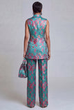 2 Piece Dusty Blue Floral Peak Lapel Double Breasted Prom Suits