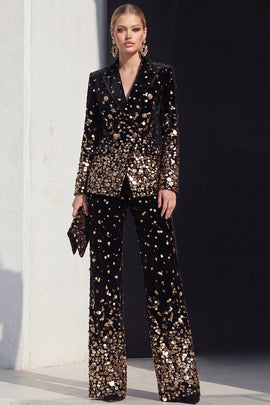Sparkly Black Champagne Peak Lapel 2 Piece Beaded Prom Suits