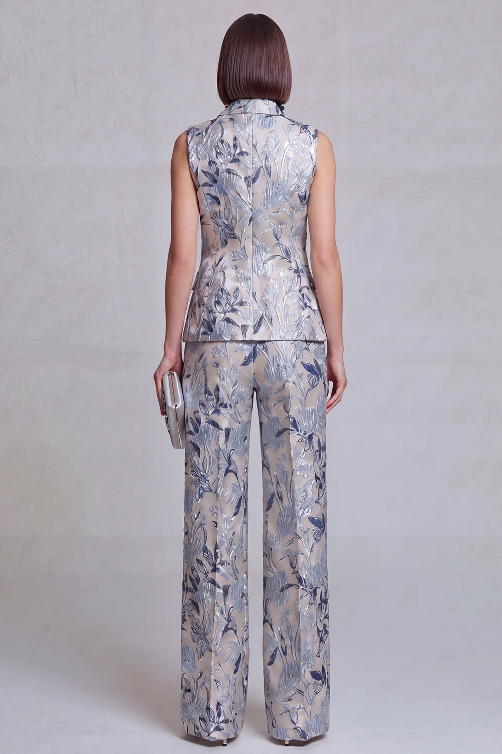 Grey Blue Flower Peak Lapel Double Breasted Prom Suits