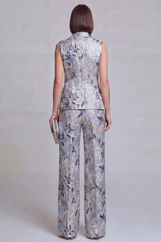 Grey Blue Flower Peak Lapel Double Breasted Prom Suits