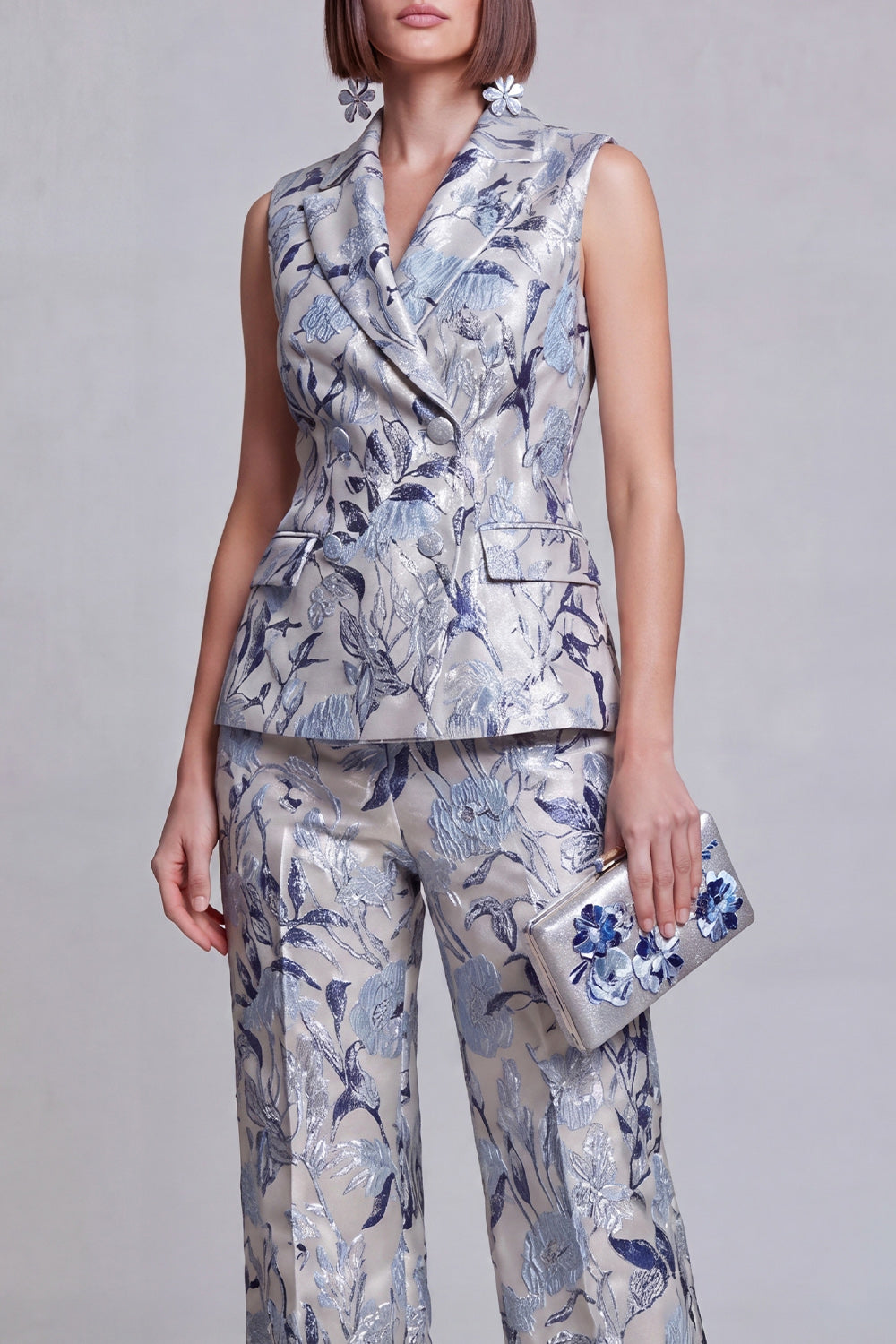 Grey Blue Flower Peak Lapel Double Breasted Prom Suits