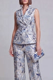Grey Blue Flower Peak Lapel Double Breasted Prom Suits