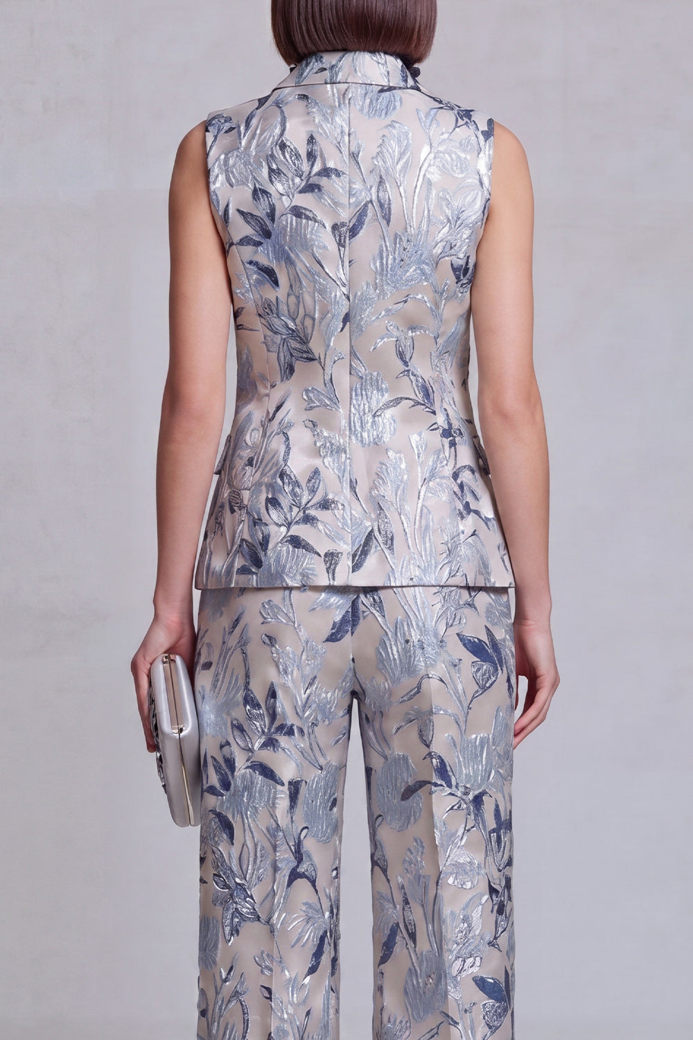 Grey Blue Flower Peak Lapel Double Breasted Prom Suits