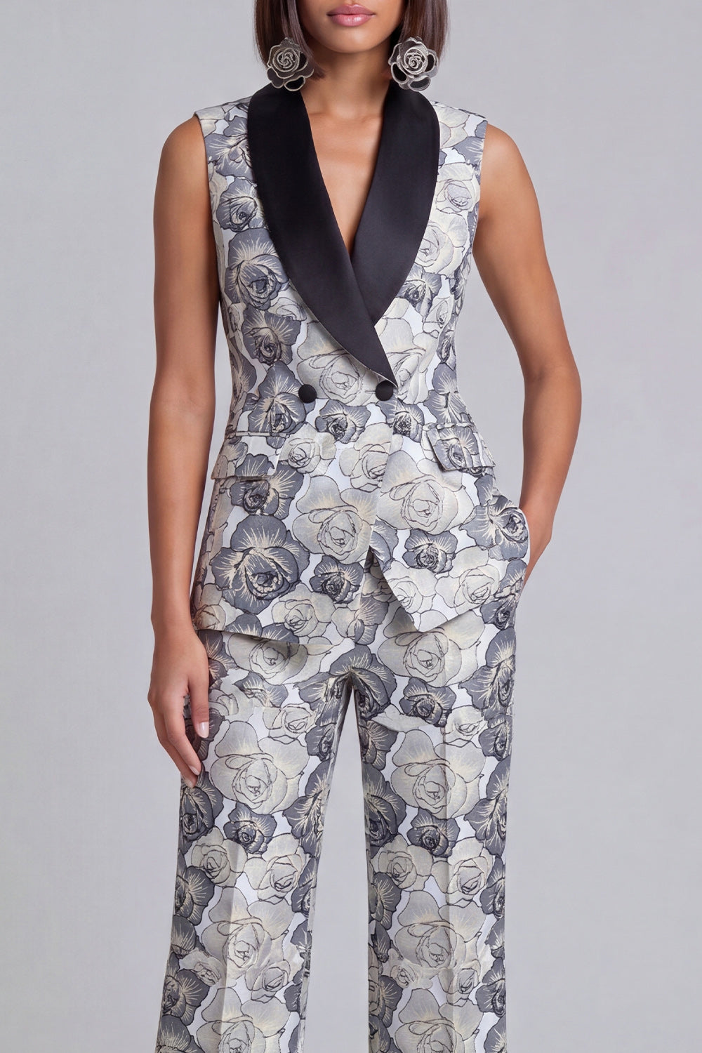 2 Piece Blue Floral Shawl Lapel Double Breasted Prom Suits with Pockets