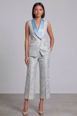 2 Piece Blue Floral Shawl Lapel Double Breasted Prom Suits with Pockets