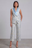 2 Piece Blue Floral Shawl Lapel Double Breasted Prom Suits with Pockets