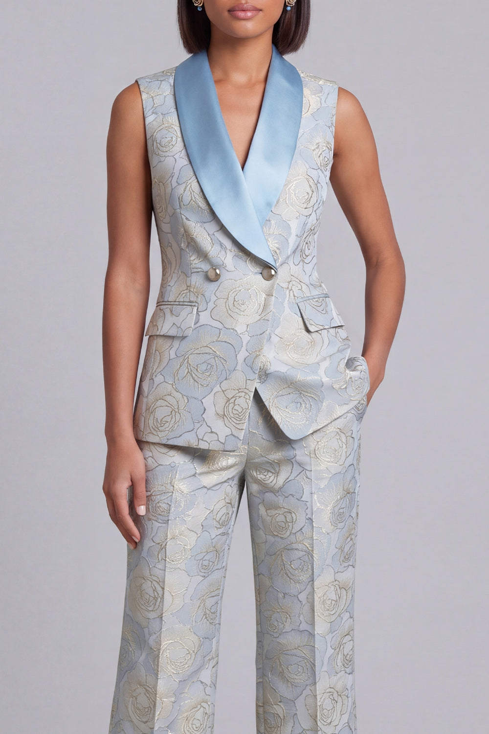 2 Piece Blue Floral Shawl Lapel Double Breasted Prom Suits with Pockets