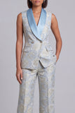 2 Piece Blue Floral Shawl Lapel Double Breasted Prom Suits with Pockets