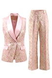 2 Piece Blue Floral Shawl Lapel Double Breasted Prom Suits with Pockets