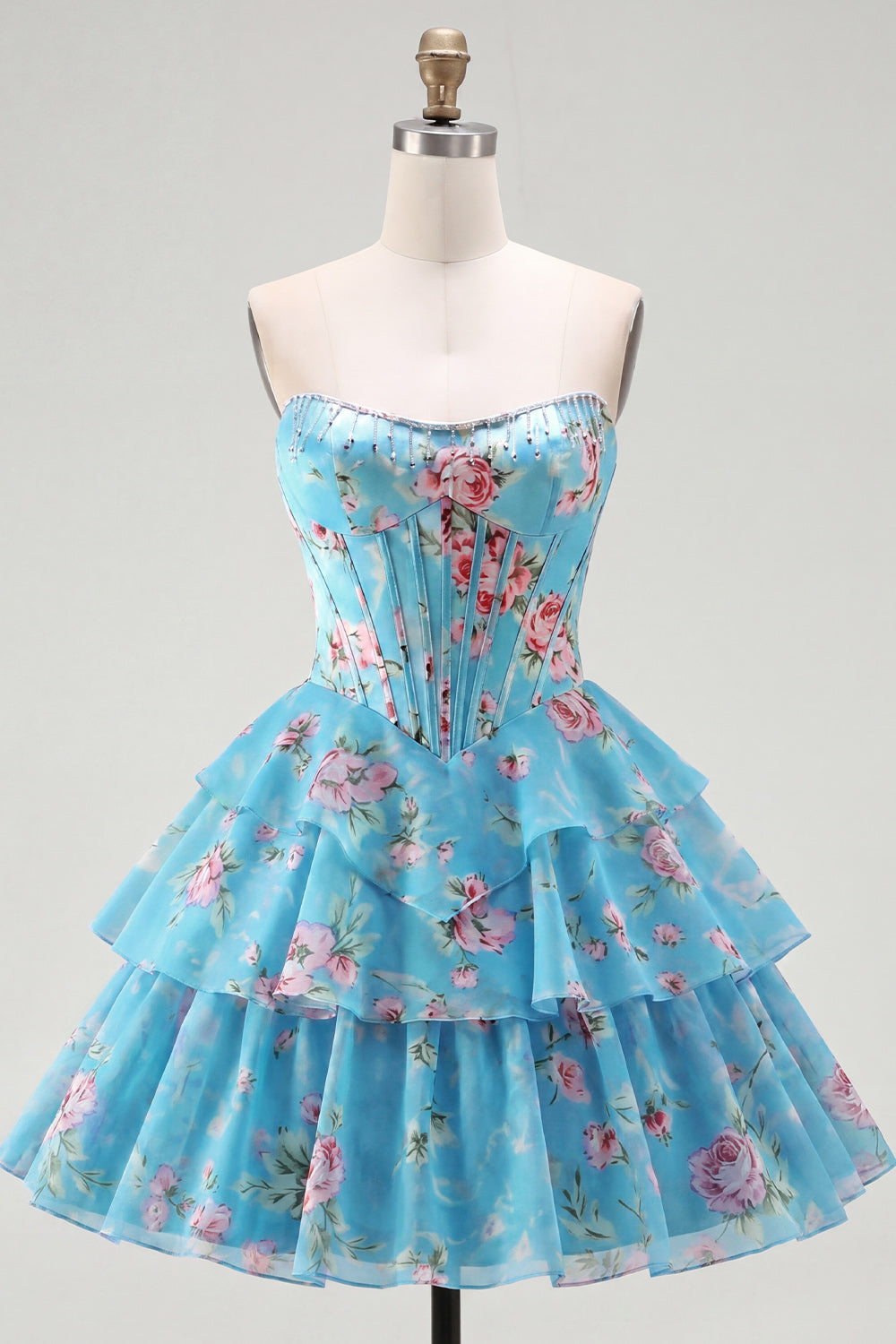 Yellow A Line Floral Corset Short Fringed Strapless Homecoming Dress with Ruffles