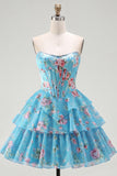 Yellow A Line Floral Corset Short Fringed Strapless Homecoming Dress with Ruffles