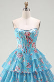 Yellow A Line Floral Corset Short Fringed Strapless Homecoming Dress with Ruffles