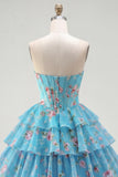 Yellow A Line Floral Corset Short Fringed Strapless Homecoming Dress with Ruffles