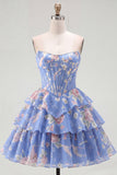 Yellow A Line Floral Corset Short Fringed Strapless Homecoming Dress with Ruffles