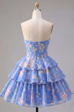 Yellow A Line Floral Corset Short Fringed Strapless Homecoming Dress with Ruffles