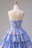 Yellow A Line Floral Corset Short Fringed Strapless Homecoming Dress with Ruffles