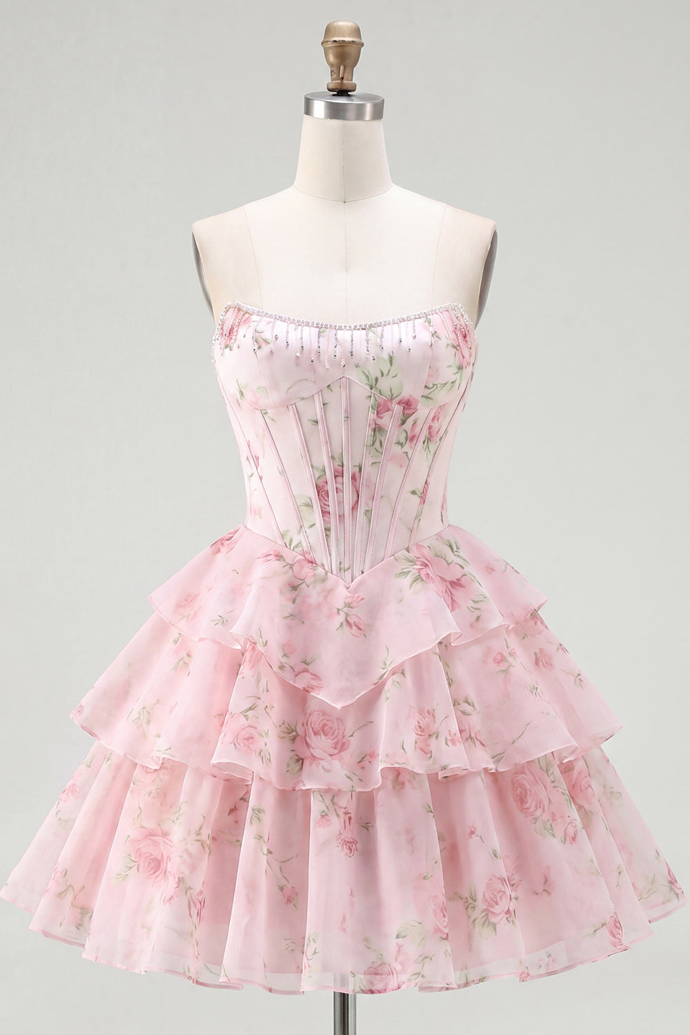 Yellow A Line Floral Corset Short Fringed Strapless Homecoming Dress with Ruffles