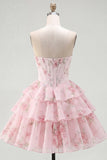 Yellow A Line Floral Corset Short Fringed Strapless Homecoming Dress with Ruffles