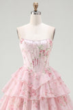 Yellow A Line Floral Corset Short Fringed Strapless Homecoming Dress with Ruffles